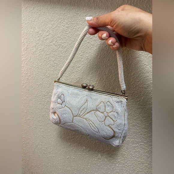 50’s Vintage Jorelli Bridal White Floral Pattern Beaded Purse Made in Belgium - Picture 1 of 14